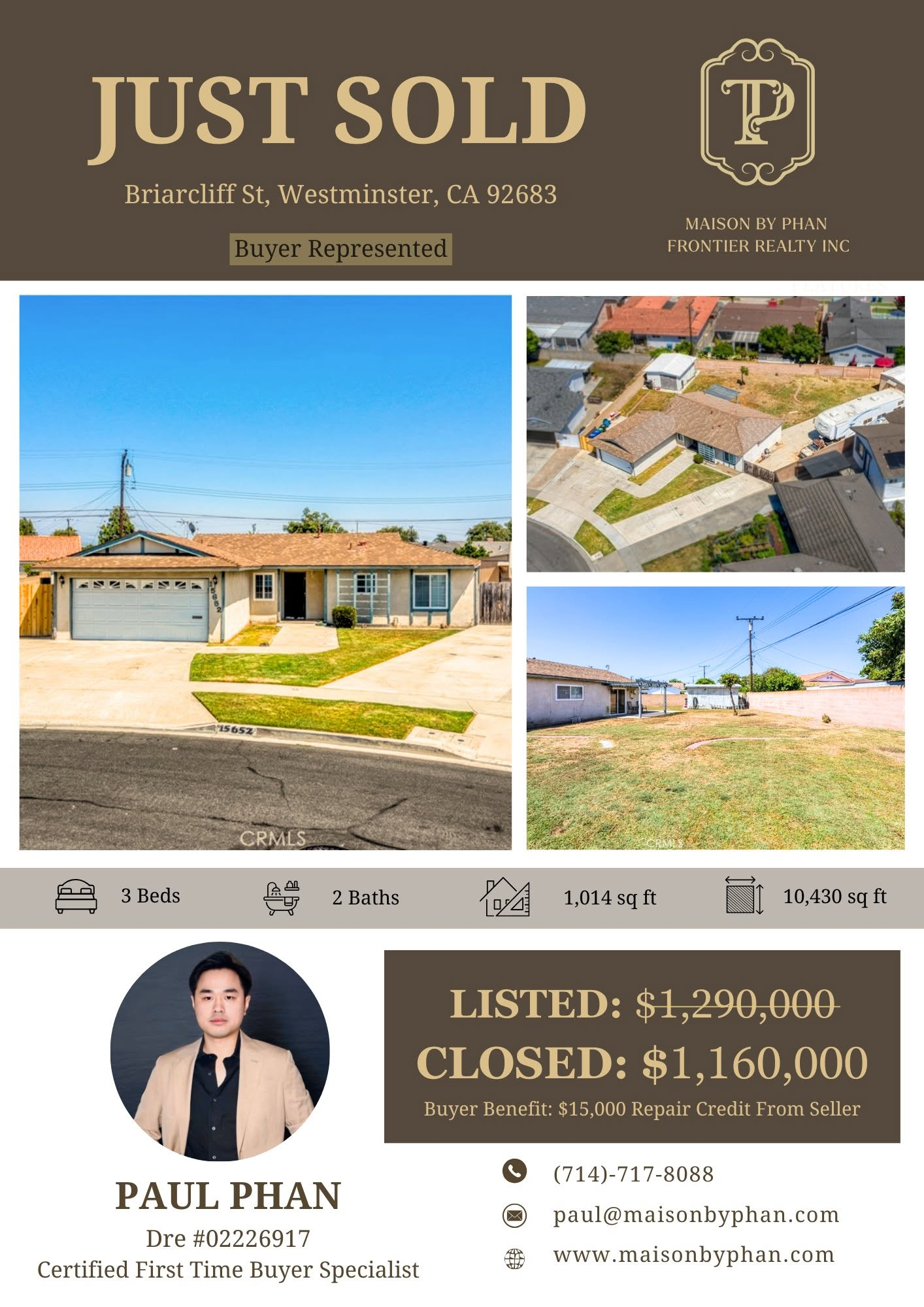Just Sold — 15652 Briarcliff St, Westminster, CA 92683 · Buyer represented by Paul Phan