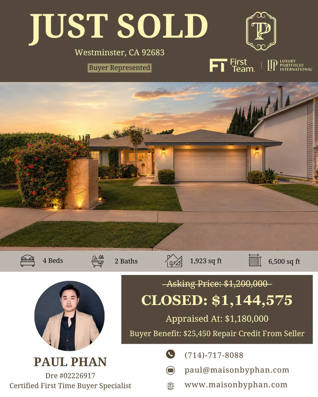 Just Sold — 15491 Vassar St, Westminster, CA 92683 · Buyer represented by Paul Phan