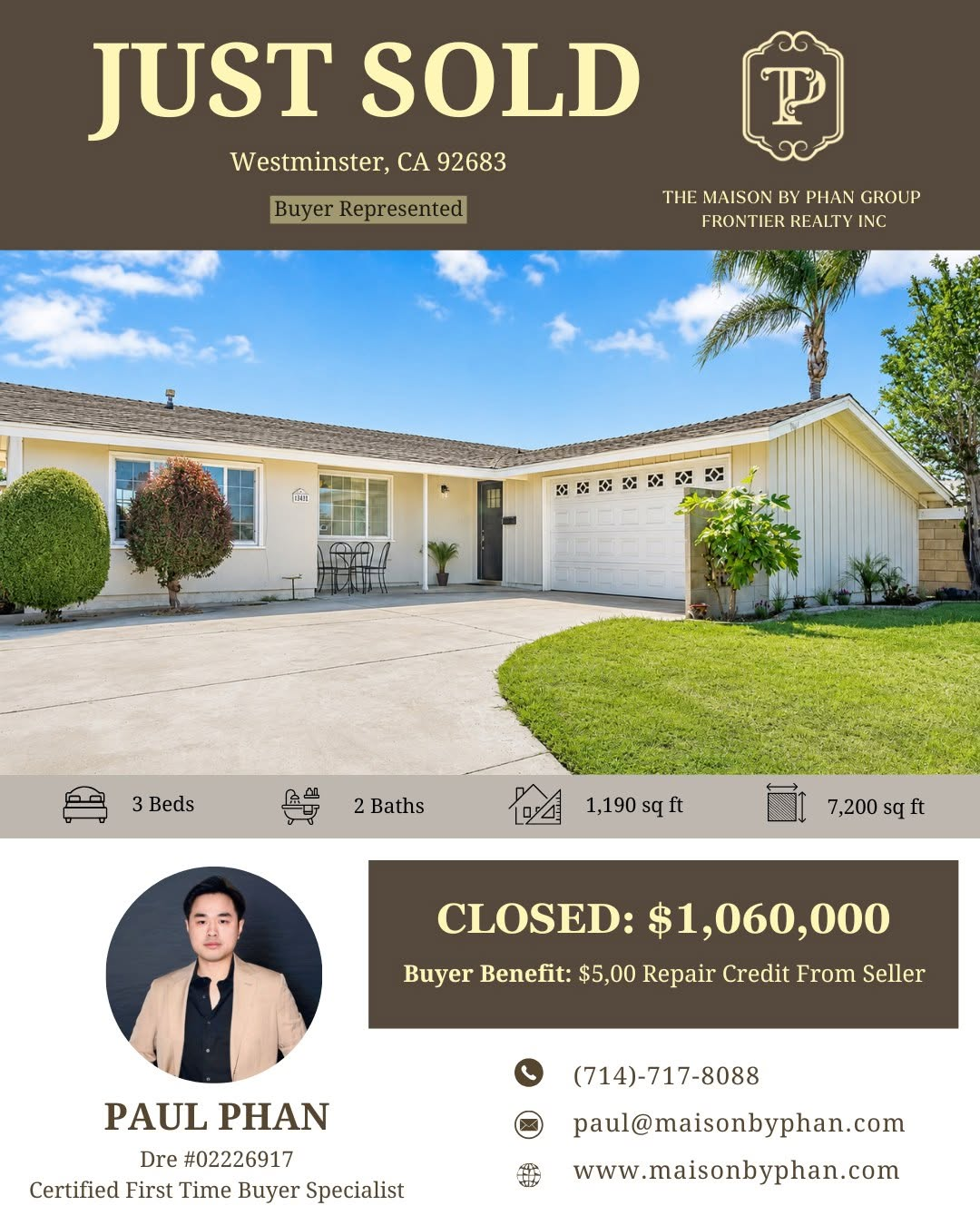 Just Sold — 13582 Yosemite Dr, Westminster, CA 92683 · Buyer represented by Paul Phan