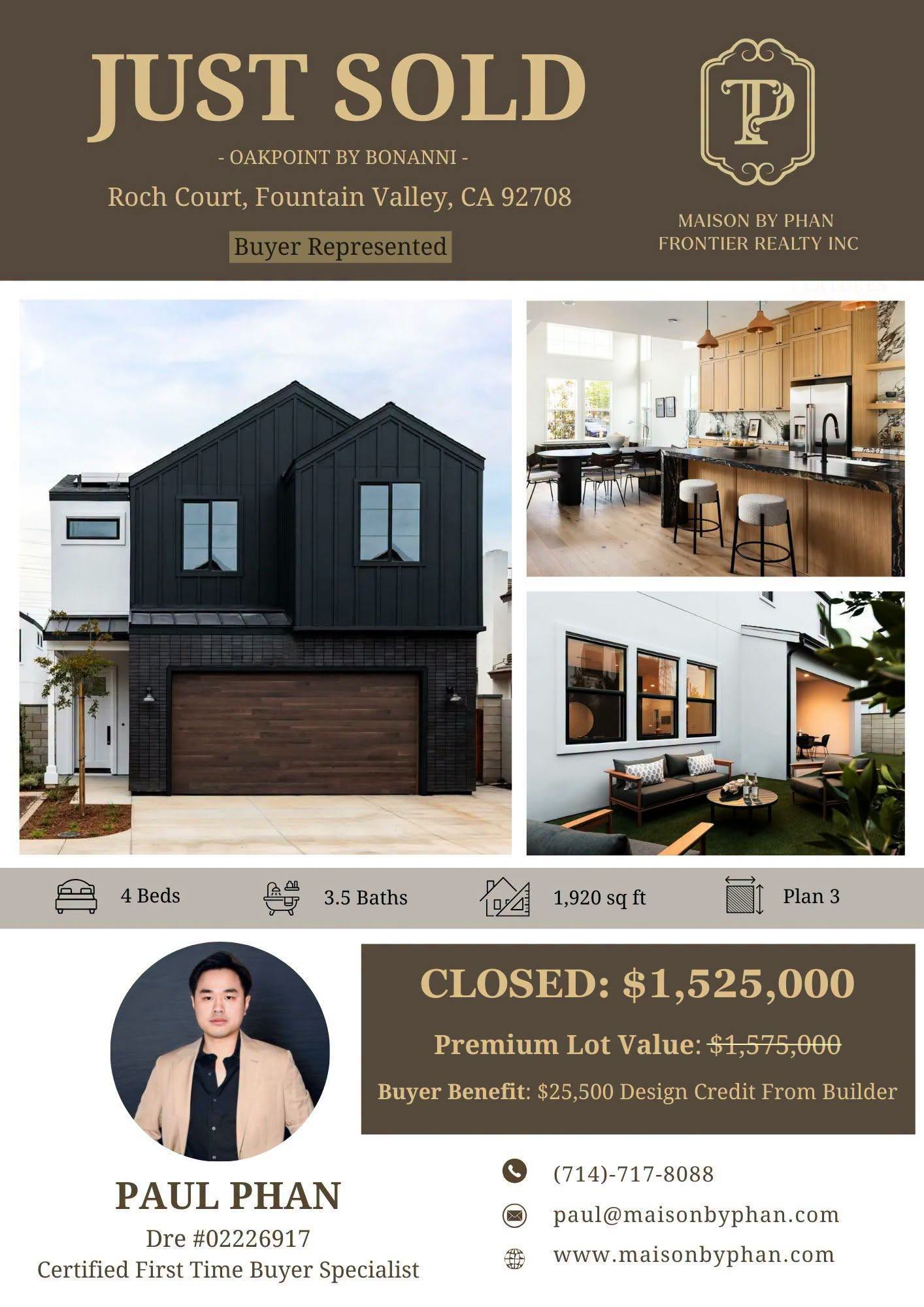 Just Sold — 18020 Roch Court · Oakpoint by Bonanni, Fountain Valley, CA 92708 · Buyer represented by Paul Phan
