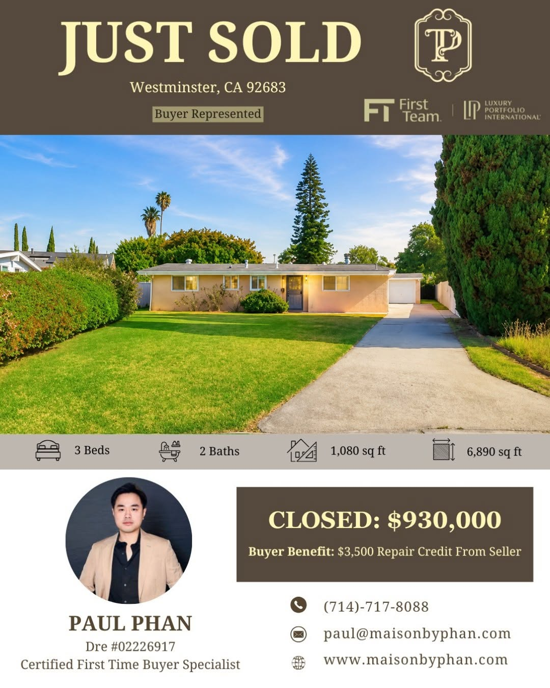Just Sold — 8311 Amidon Cir, Westminster, CA 92683 · Buyer represented by Paul Phan