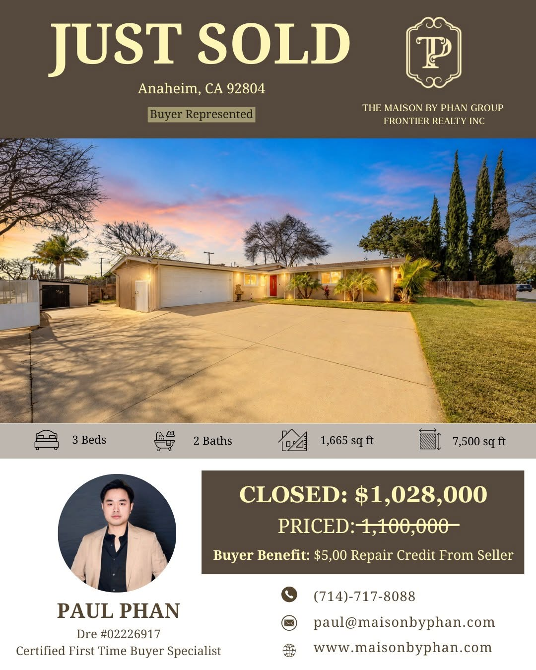 Just Sold — 2138 W Niobe Ave, Anaheim, CA 92804 · Buyer represented by Paul Phan