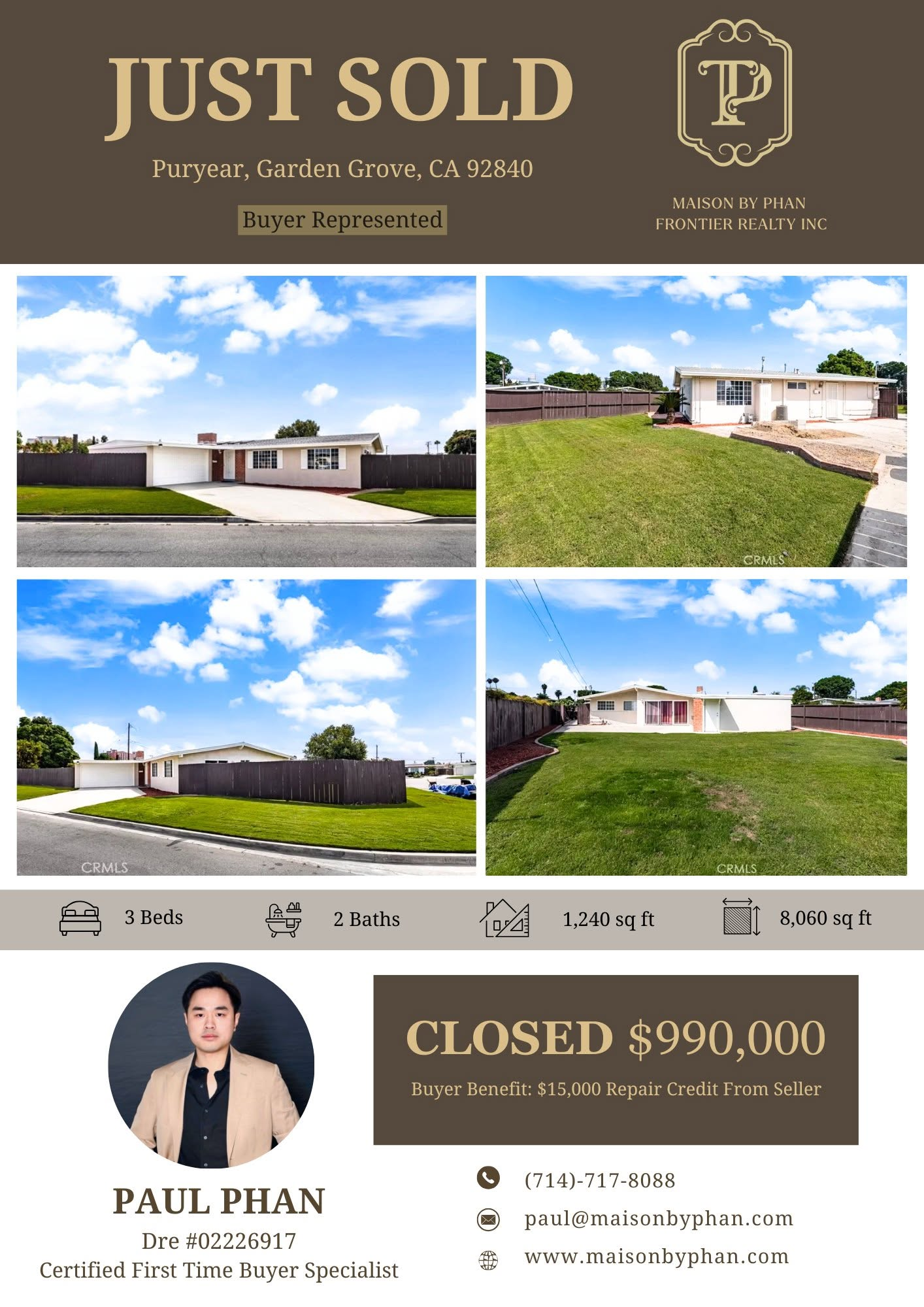 Just Sold — 11662 Puryear Ln, Garden Grove, CA 92840 · Buyer represented by Paul Phan