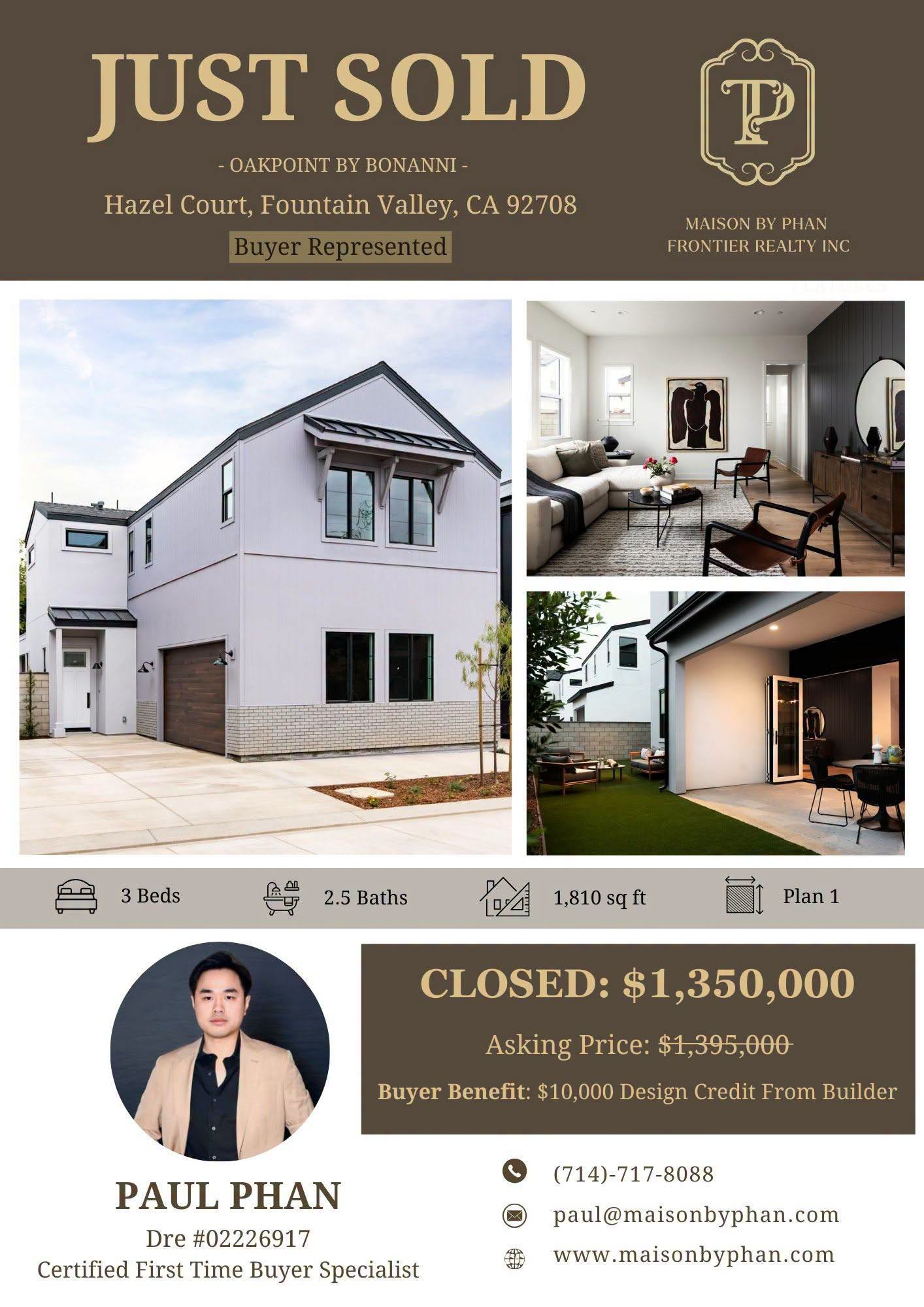 Just Sold — 18013 Hazel Court · Oakpoint by Bonanni, Fountain Valley, CA 92708 · Buyer represented by Paul Phan
