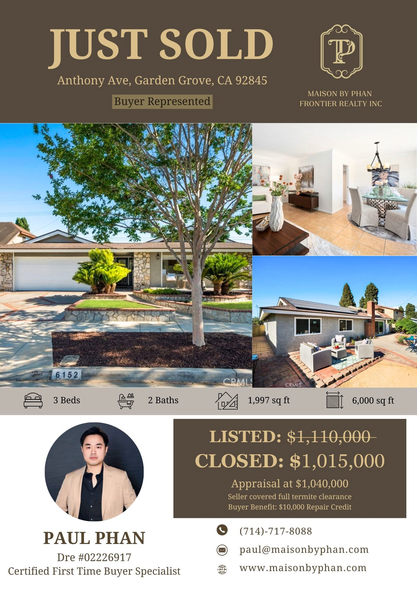 Just Sold — 6152 Anthony Ave, Garden Grove, CA 92845 · Buyer represented by Paul Phan