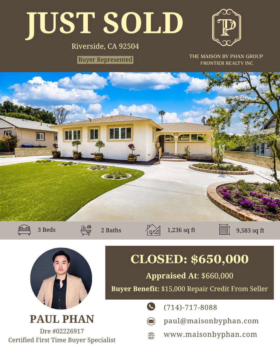 Just Sold — 3542 Crowell Ave, Riverside, CA 92504 · Buyer represented by Paul Phan