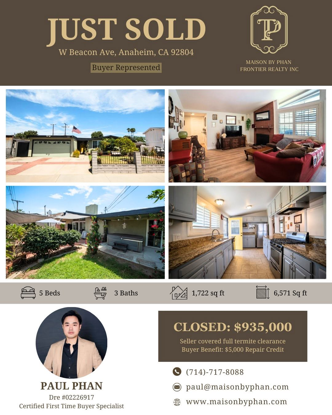 Just Sold — 1913 W Beacon Ave, Anaheim, CA 92804 · Buyer represented by Paul Phan